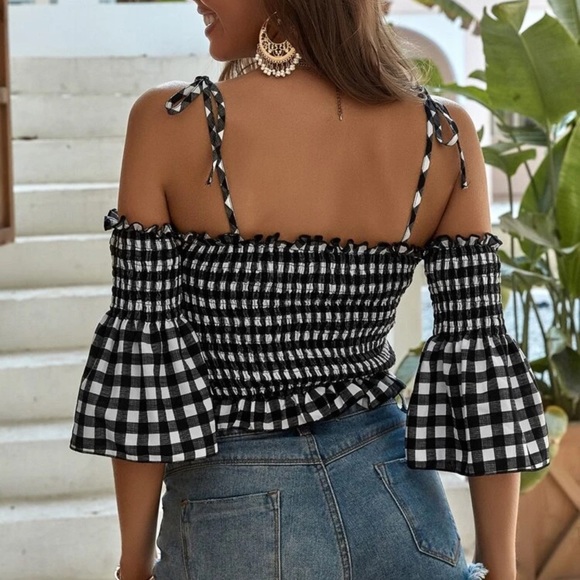 Gingham plaid off the shoulder top boho black - Picture 2 of 2